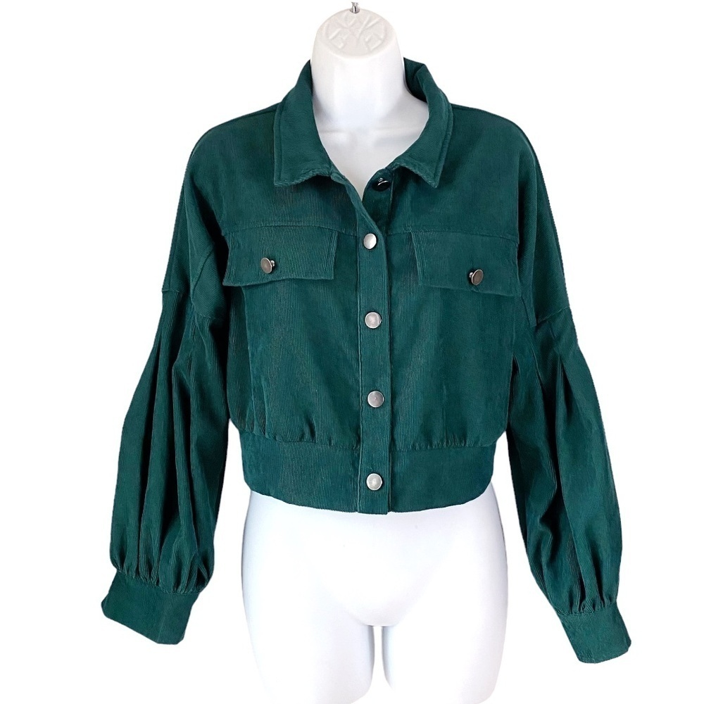 Shein Corduroy Shacket Jacket‎ Green Poof Sleeves